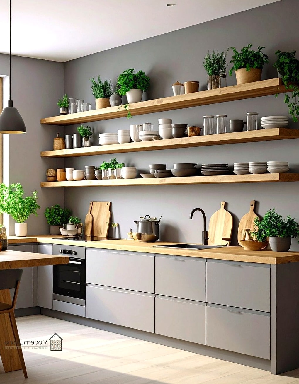 Floating Gray Shelves with Greenery