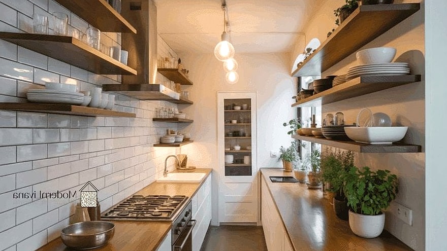 28 Galley Kitchen Ideas Worth Bookmarking Before You Renovate 12 Floating Shelves Instead of Bulky Cabinets