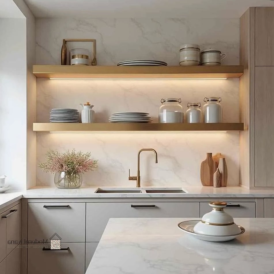 22 Luxury Modern Kitchen Ideas That Prove This Trend Is Here to Stay 12 Floating Shelves in Natural Wood or Stone