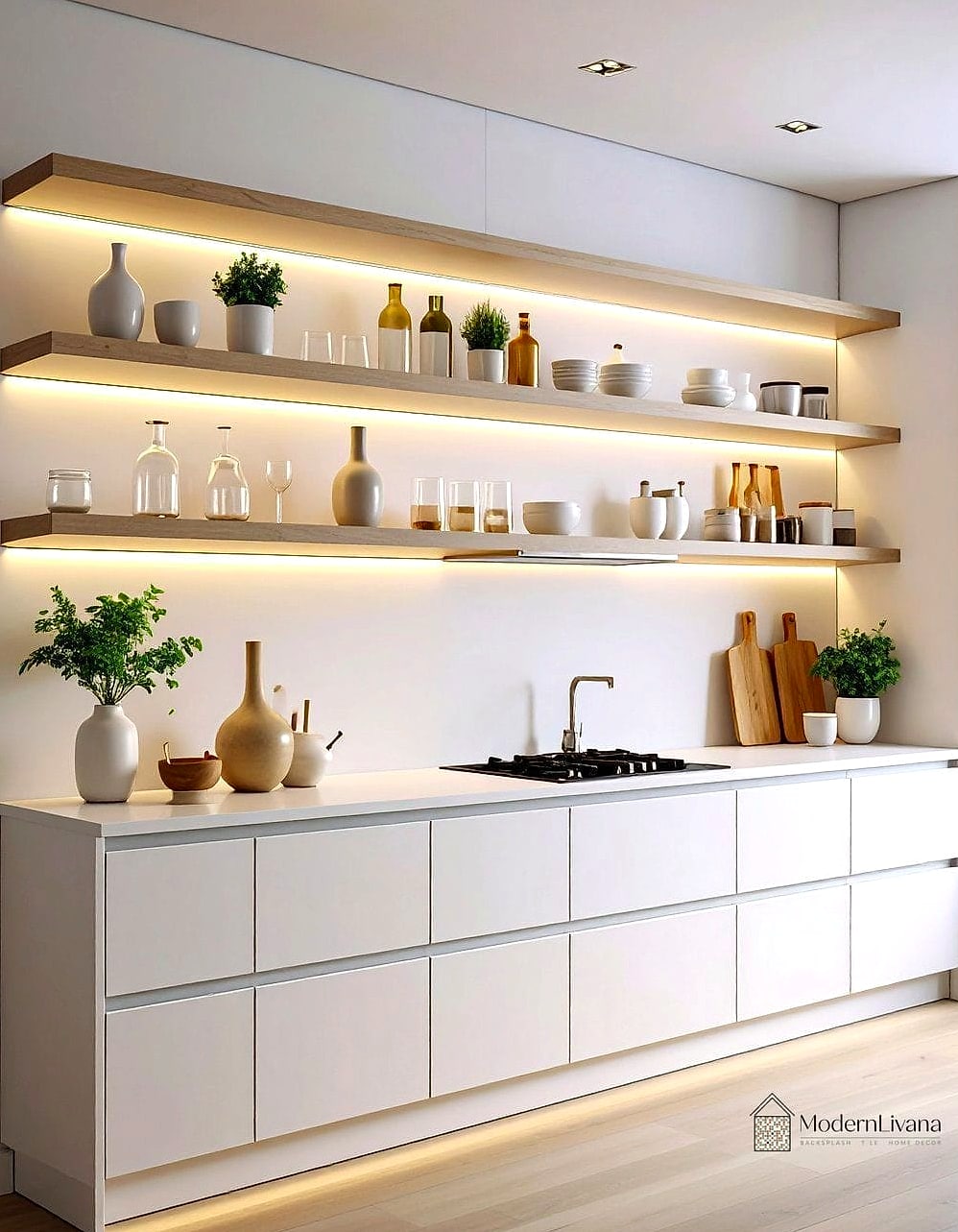 27 Minimalist Kitchen Ideas You Haven't Seen Before 6 Floating Shelves with Deliberately Empty Space