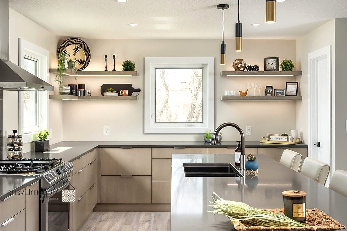 22 Modern Kitchen Ideas Worth Bookmarking Before You Renovate 12 Floating Shelves Instead of Upper Cabinets