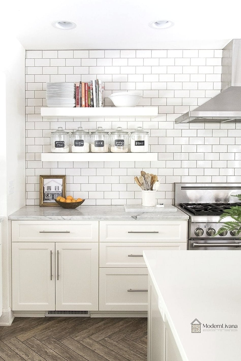 23 White Modern Kitchen Ideas Worth Bookmarking Before You Renovate 11 Floating Shelves Flanking a Range Hood