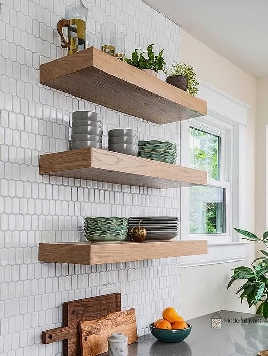Floating Wood Shelves as a Backsplash Element
