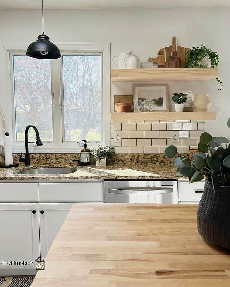 27 Light Wood Kitchen Ideas Worth Bookmarking Before You Renovate 12 Floating Wood Shelves Above the Stove