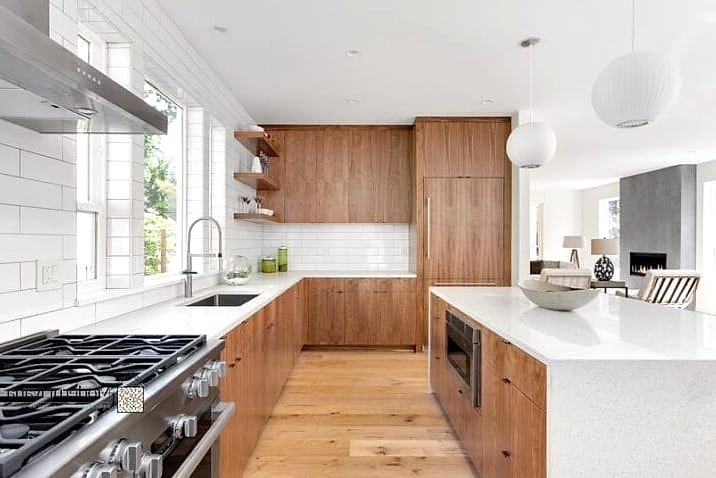 Floating Wood Shelves Next to Range Hoods