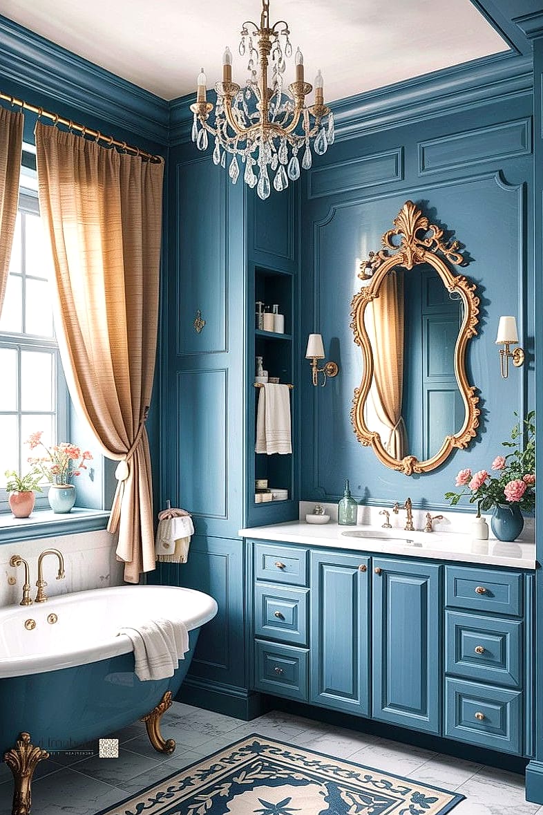 French Blue Cabinetry With Antique Mirror