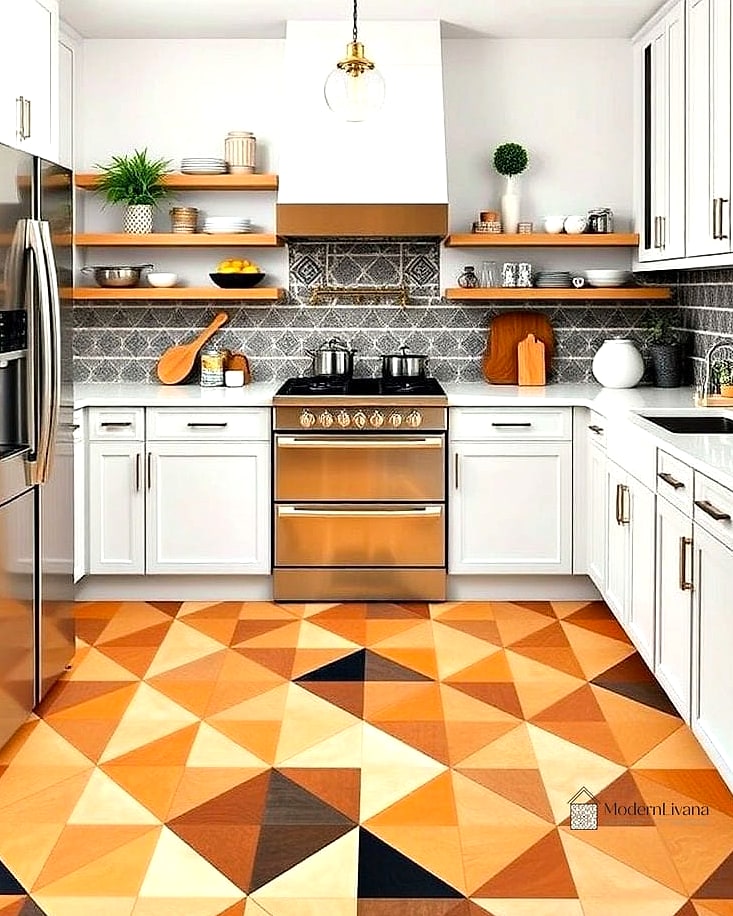 22 Kitchen Floor Tiles Ideas You Haven't Seen Before 14 Geometric Tile Inlay Under an Island