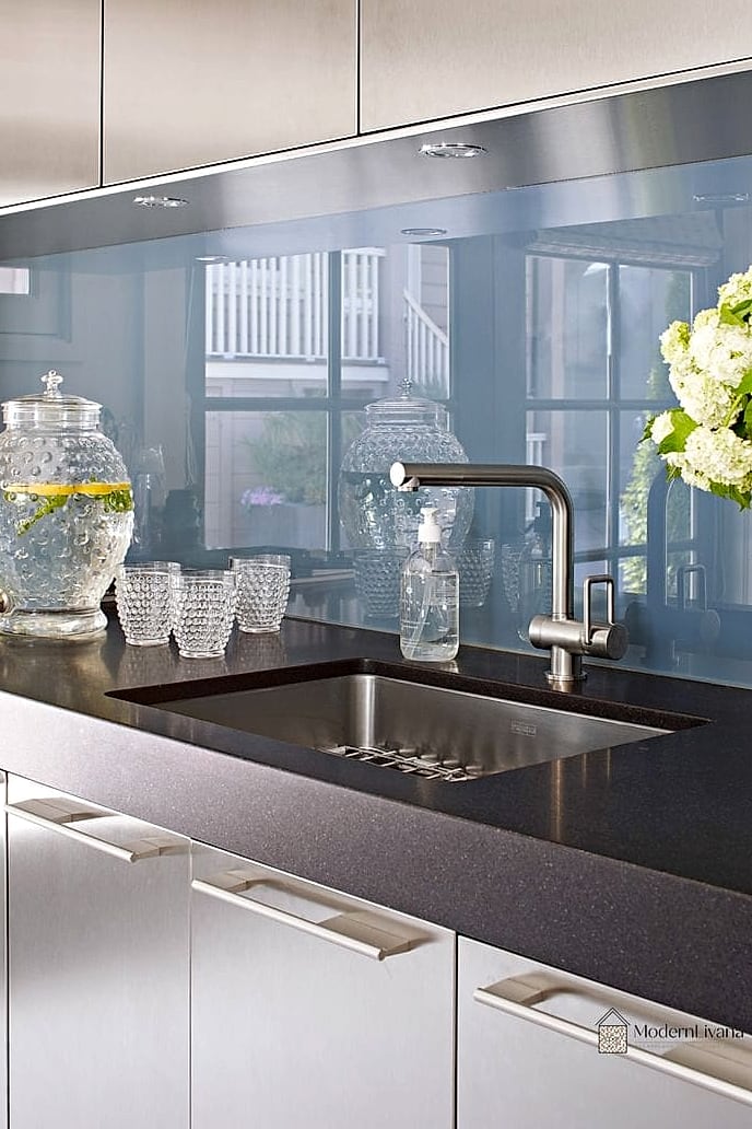 26 Glass Kitchen Ideas to Inspire Your Next Renovation 27 Glass Backsplash Behind Open Shelving