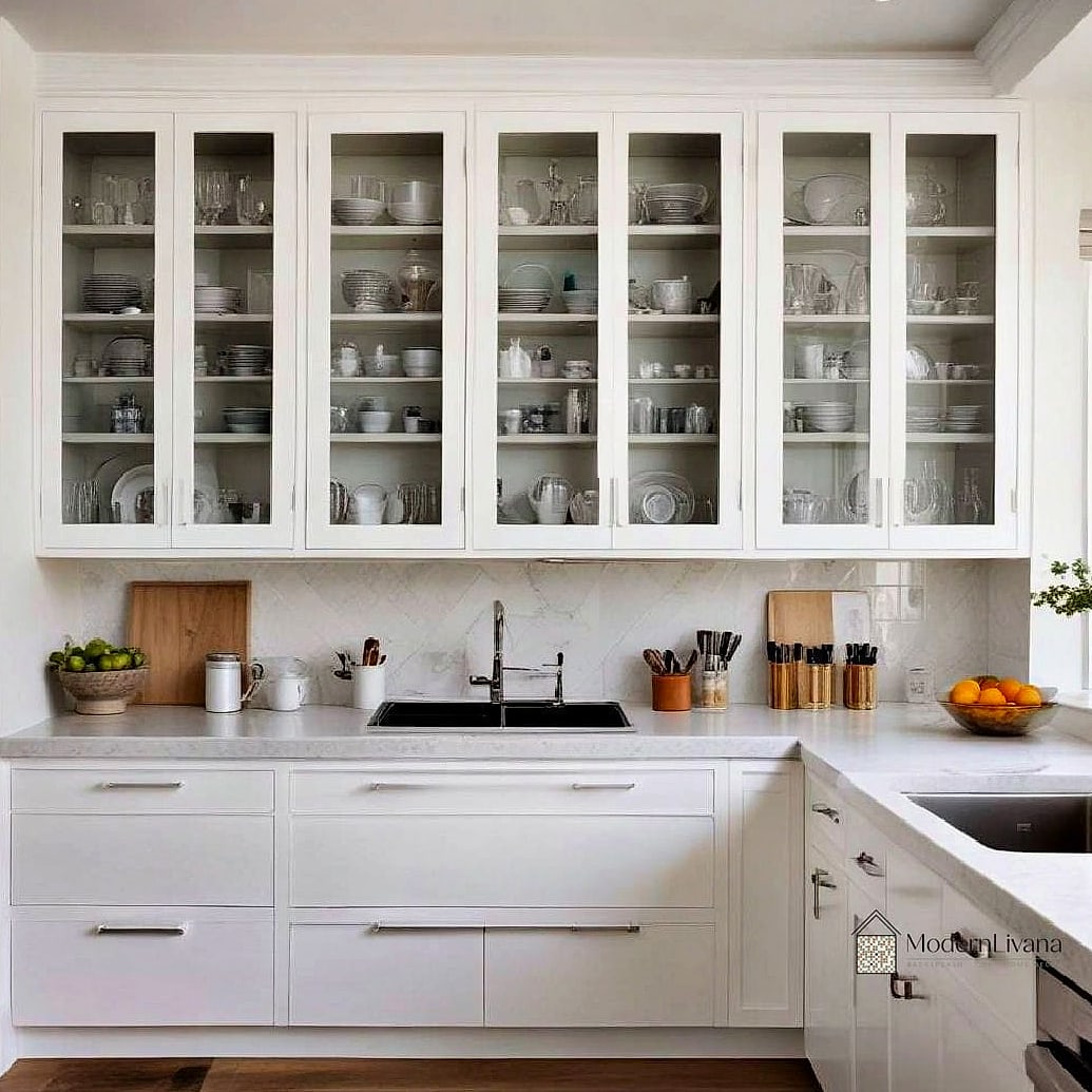 26 White Cabinets Ideas That Look Expensive But Aren't 7 Glass-Front Upper Cabinets