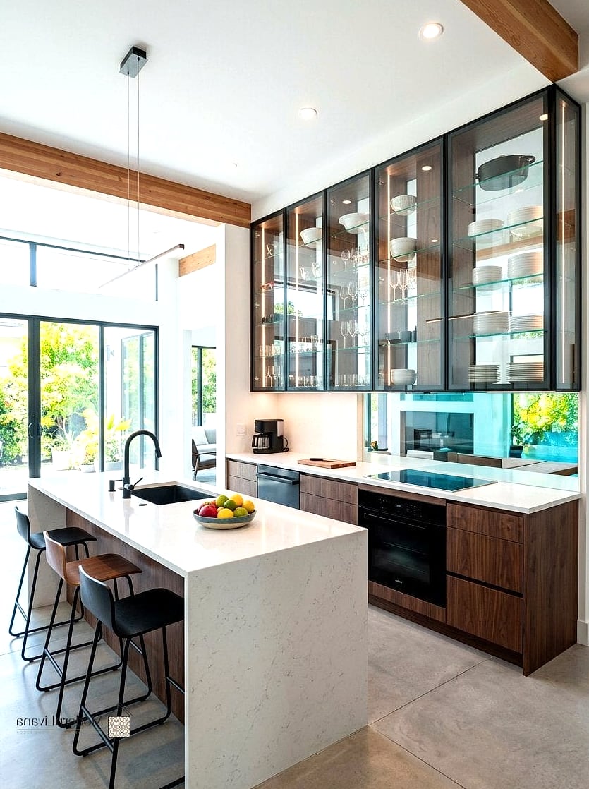 22 Modern Kitchen Ideas Worth Bookmarking Before You Renovate 19 Glass-Front Upper Cabinets