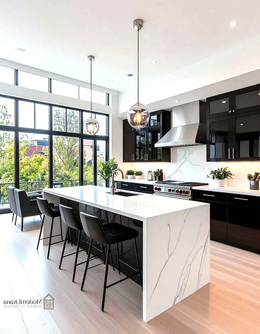 Glossy Black Cabinets with White Waterfall Island