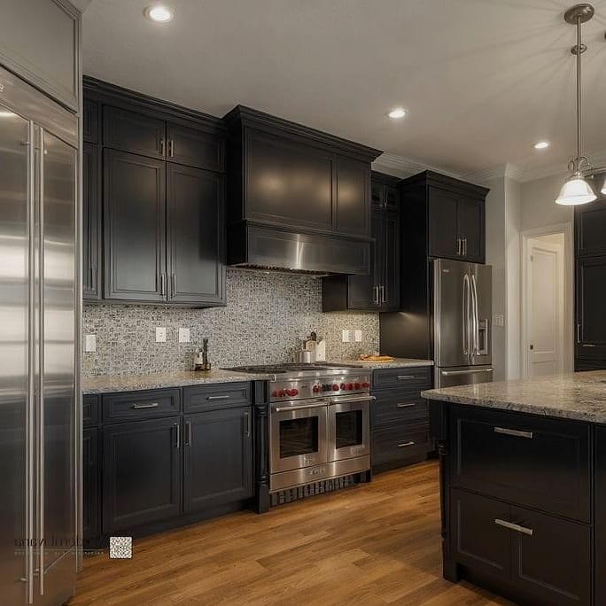 30 Black Kitchen Ideas You'll Want to Save Right Now 3 Glossy Black Lower Cabinets