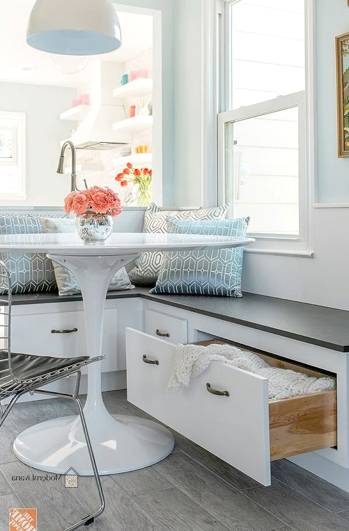 23 Gray and White Kitchen Ideas You'll Want to Save Right Now 24 Gray Built-In Banquette with White Kitchen Cabinetry