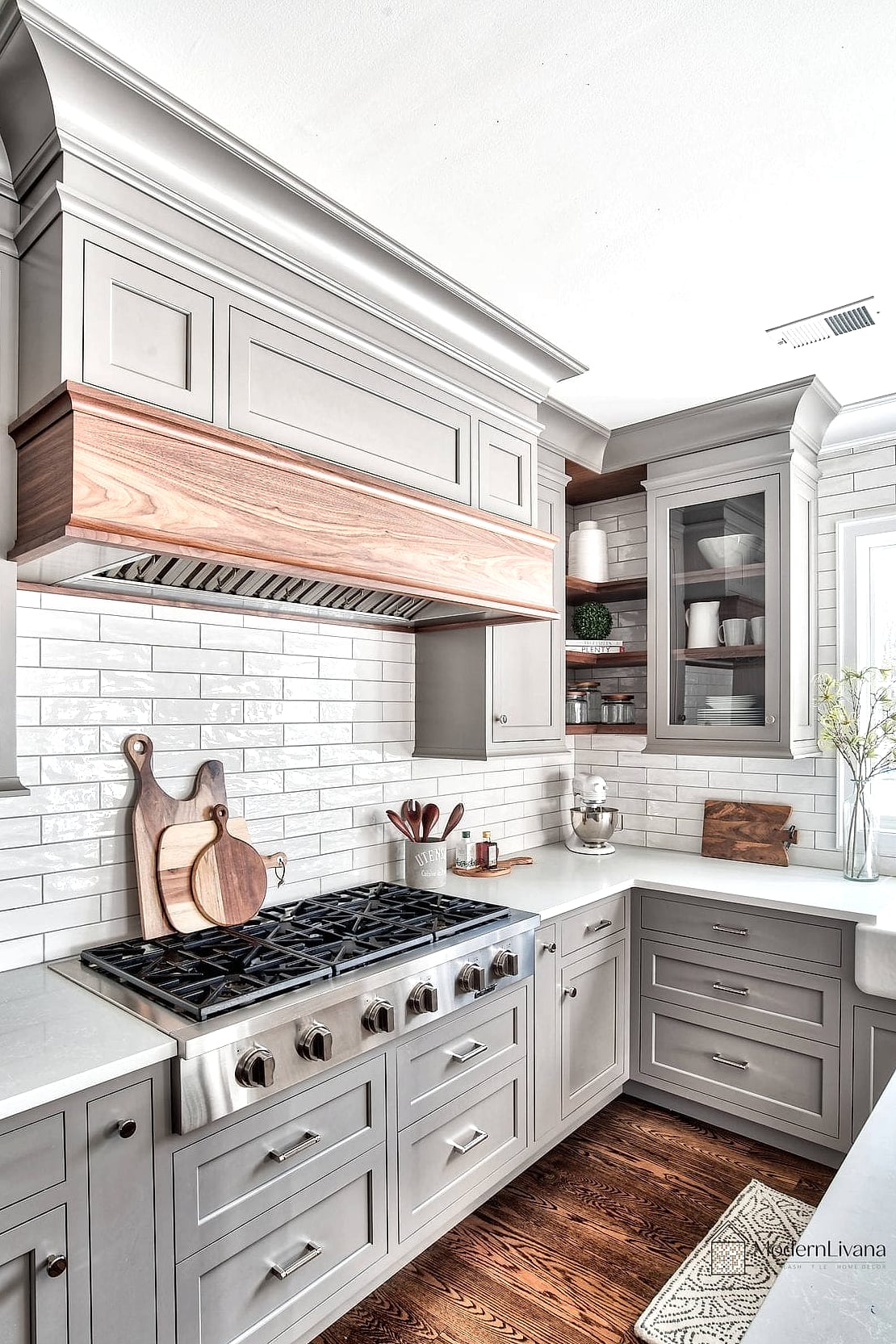 Gray Cabinets with Wood Open Shelves