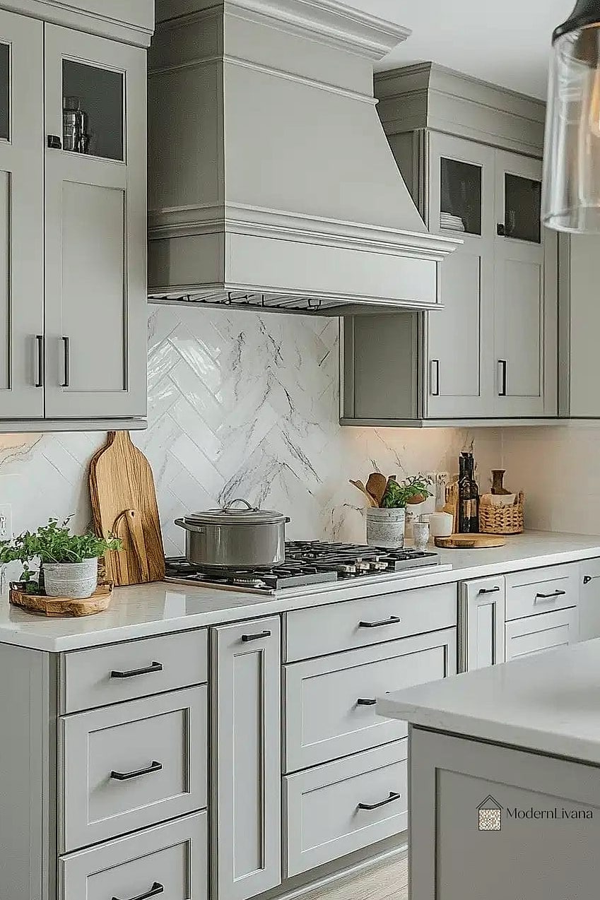 Gray Cabinets with a Textured Range Hood