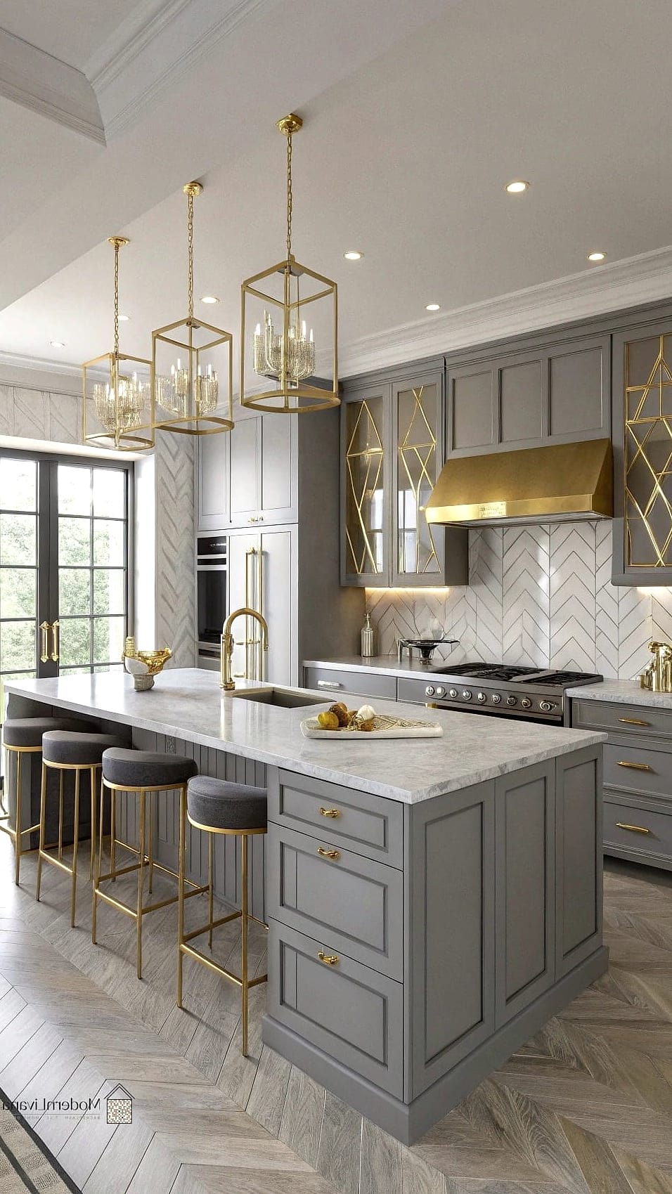 Gray Cabinets with Gold Accents