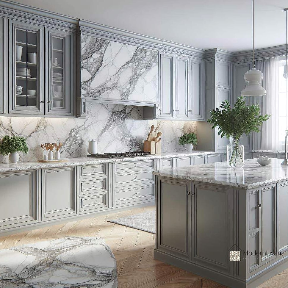 Gray Cabinets with Marble-Look Backsplash