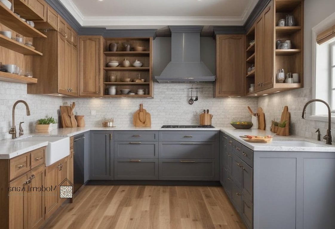 Gray Cabinets with Wood Open Shelving