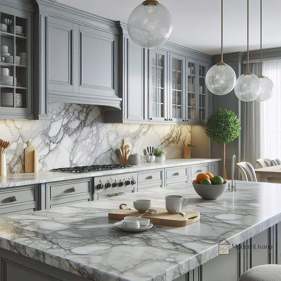 Gray Cabinets with Marble Countertops