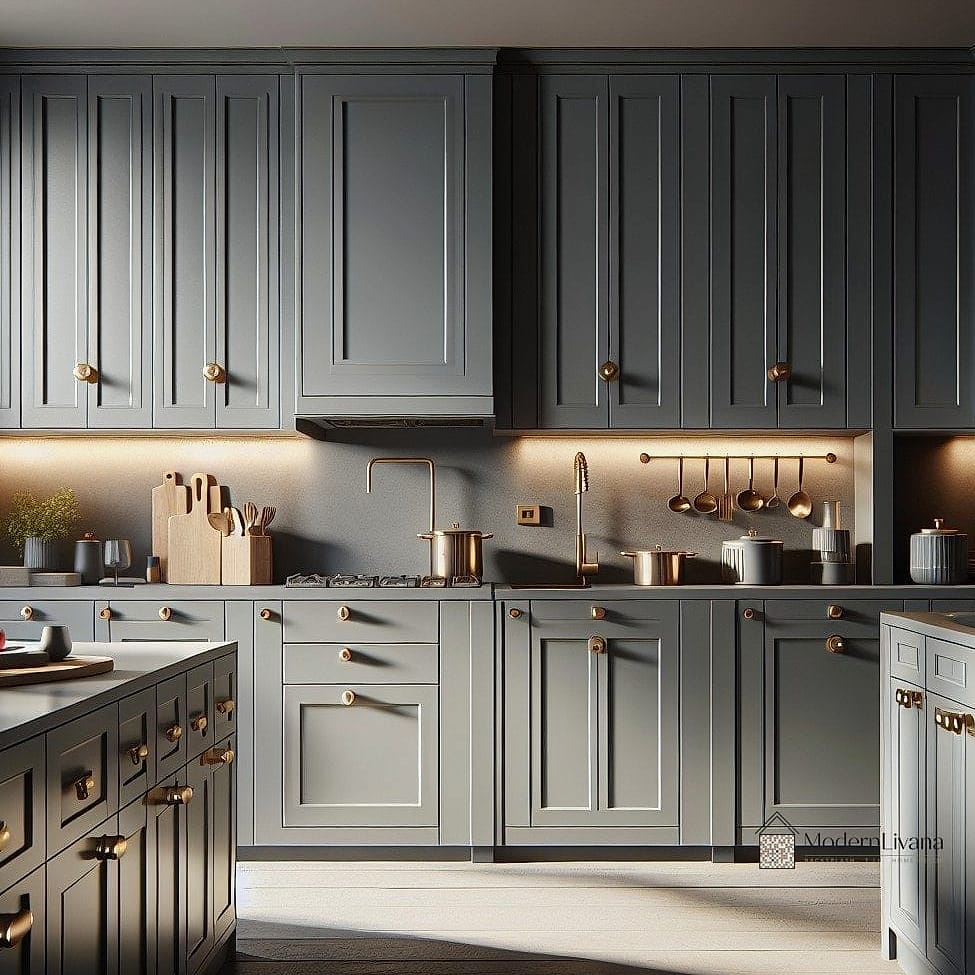Gray Cabinets with Brass Hardware