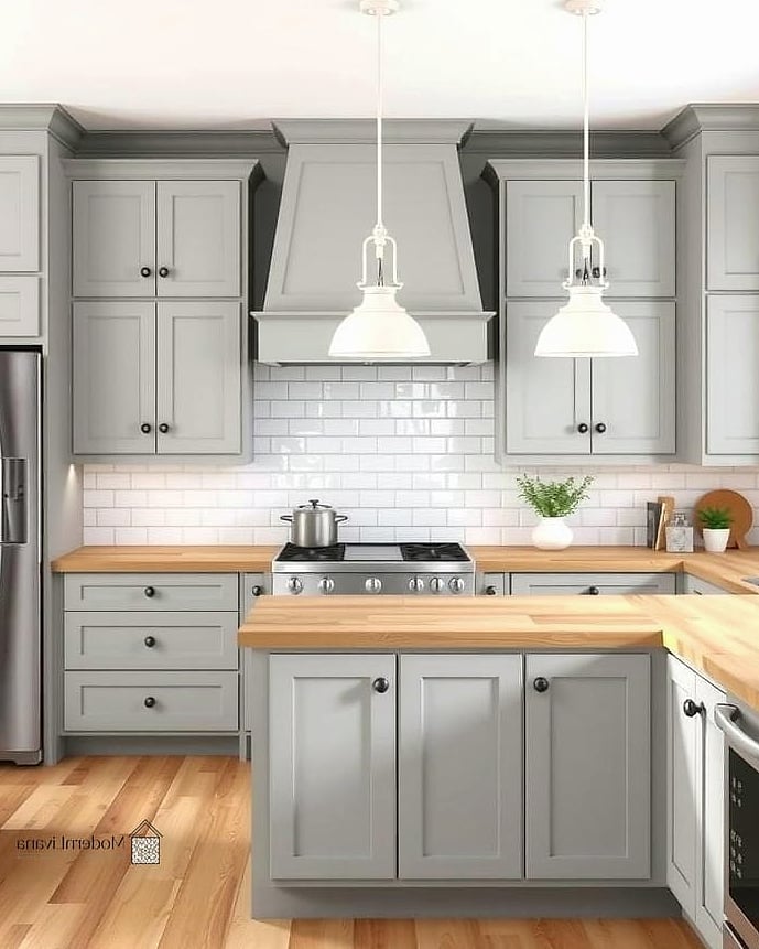 Gray Cabinets with Butcher Block Countertops