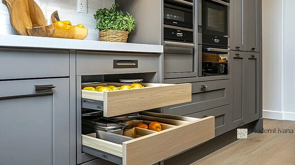Gray Cabinets with Built-In Storage Solutions
