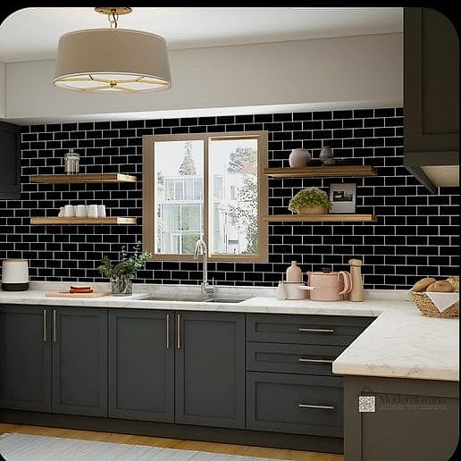 Gray Cabinets with Peel-and-Stick Wallpaper Backsplash