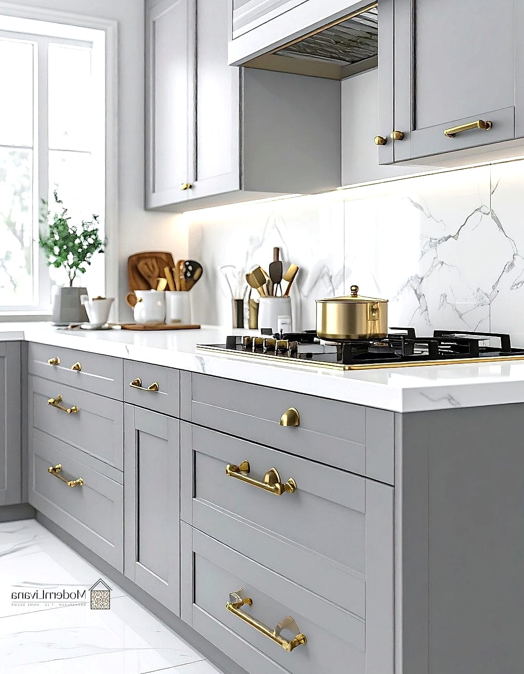 Gray Cabinets with Brass Hardware for Warmth