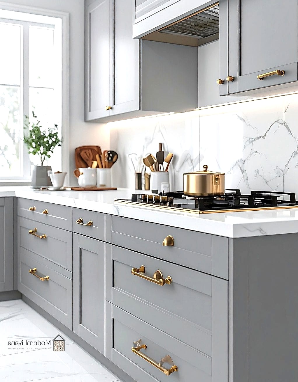 23 Gray and White Kitchen Ideas You'll Want to Save Right Now 14 Gray Cabinets with Brass Hardware