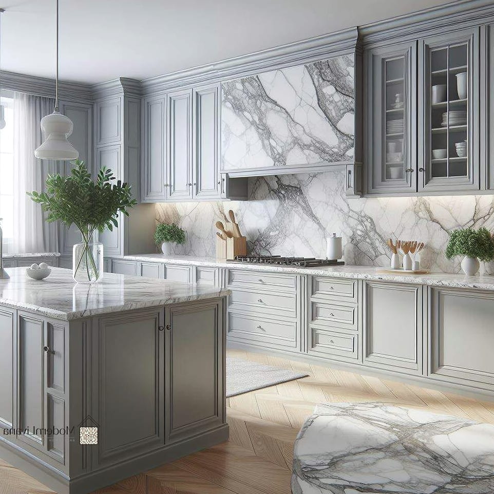 Gray Cabinets with a Marble Mosaic Backsplash