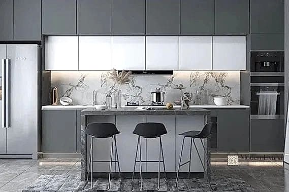 Gray Cabinets with Woven Basket Storage