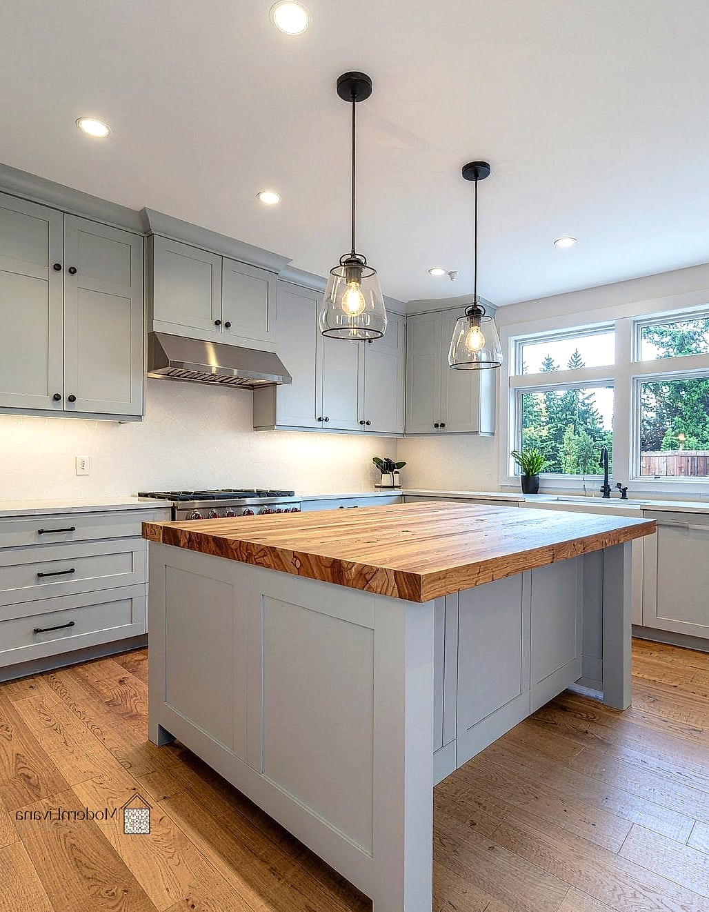 Gray Kitchen with Butcher Block Countertops