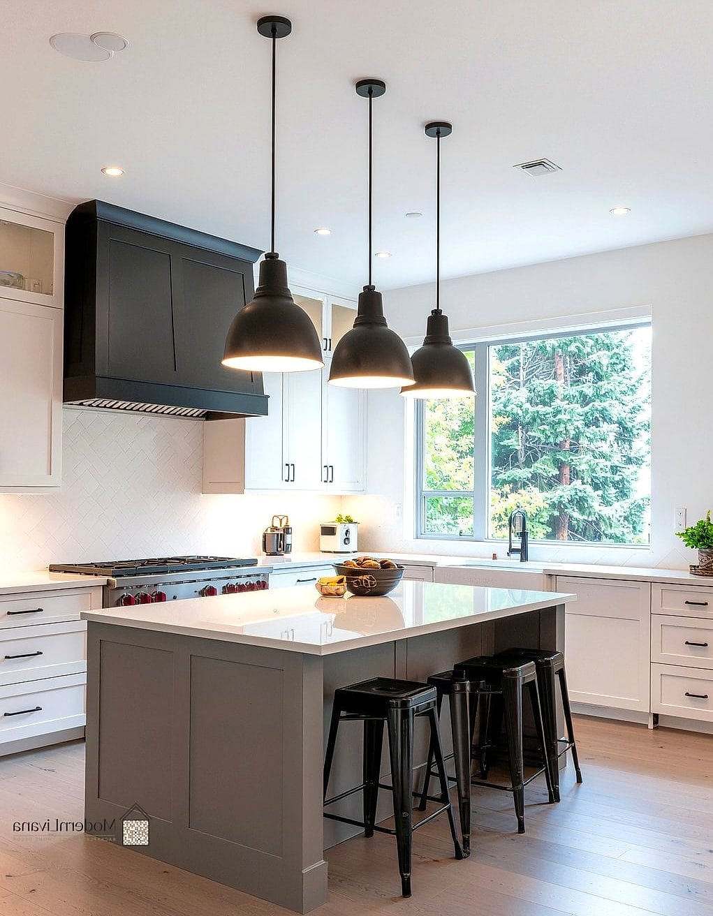 Gray Kitchen with Layered Lighting