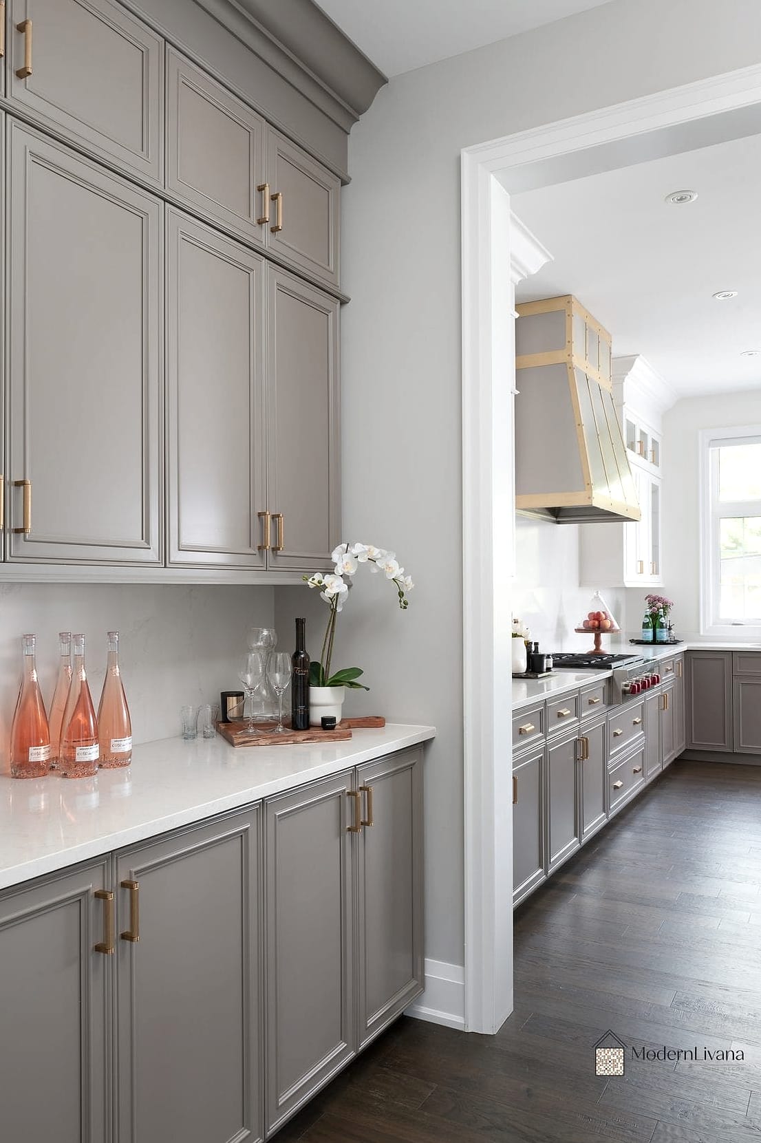 Gray Kitchen with Brass Hardware