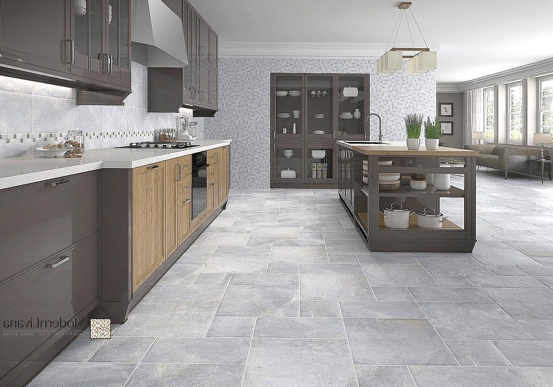 Gray Kitchen with Natural Stone Flooring