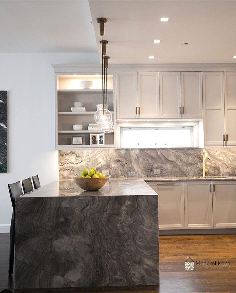 Gray Kitchen Island with Waterfall Countertop