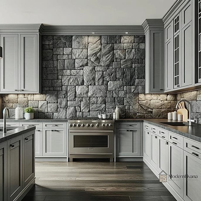 23 Modern Gray Kitchen Ideas That Are Stylish and Practical 12 Gray Kitchen with Natural Stone Backsplash