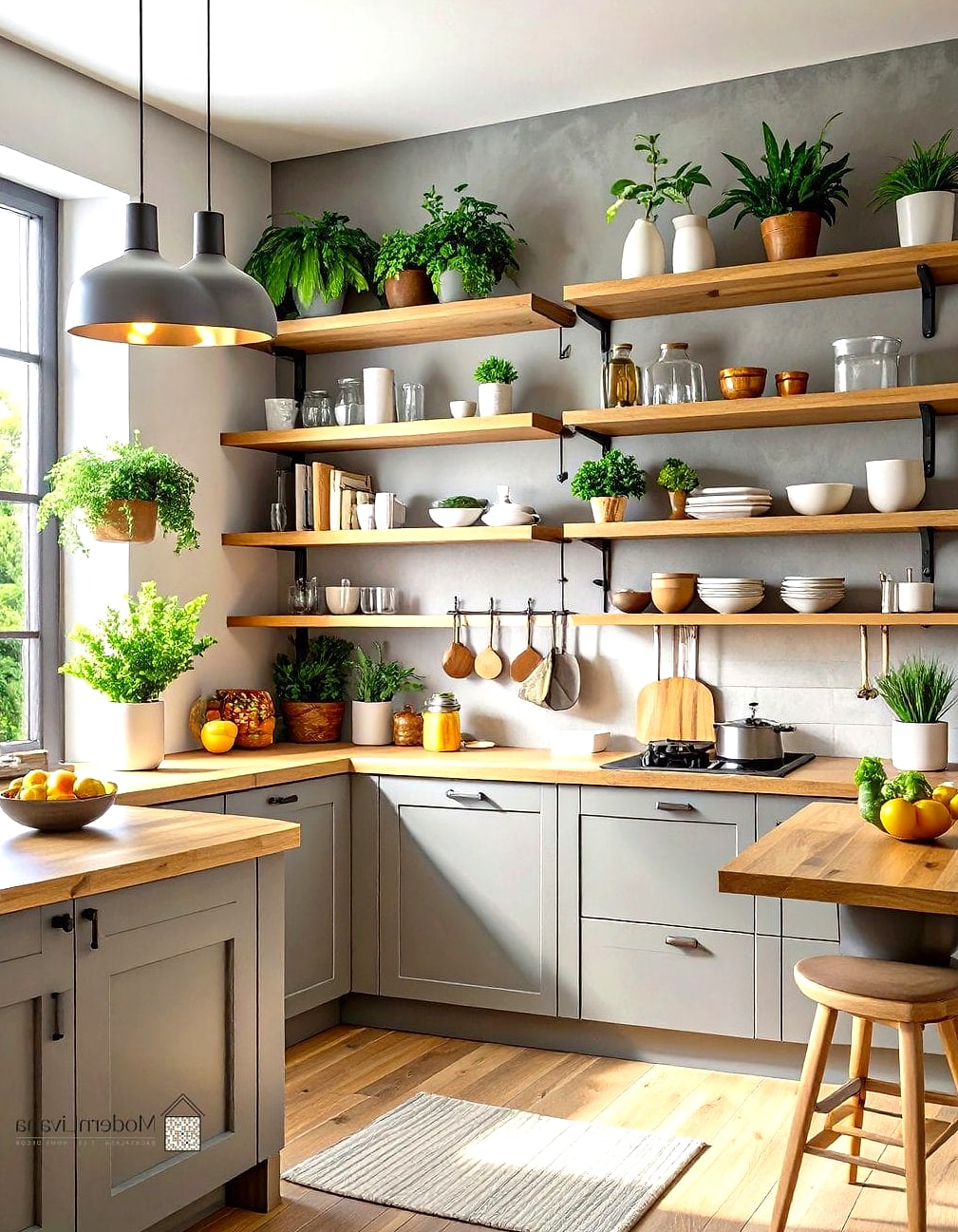 23 Modern Gray Kitchen Ideas That Are Stylish and Practical 21 Gray Kitchen with Floating Wood Shelves