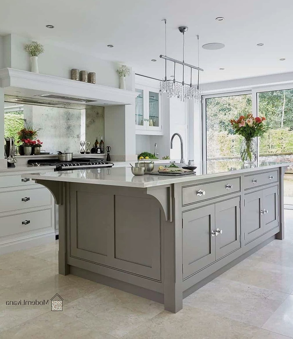 Gray Kitchen Island with White Perimeter Cabinets