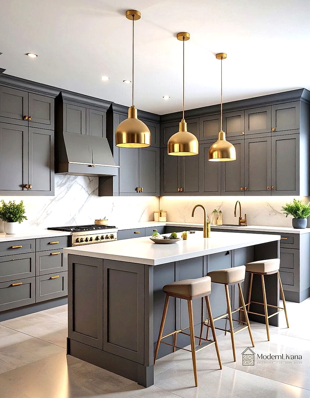 Gray Kitchen with Brass and Glass Cabinet Doors