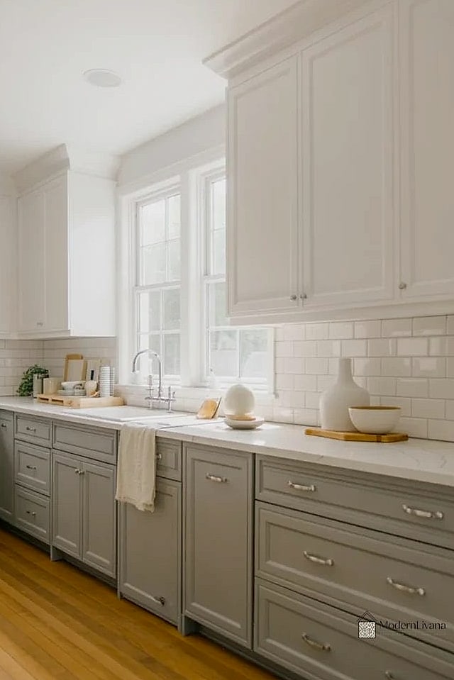 23 Gray and White Kitchen Ideas You'll Want to Save Right Now 20 Gray Lower Cabinets with Butcher Block Counters