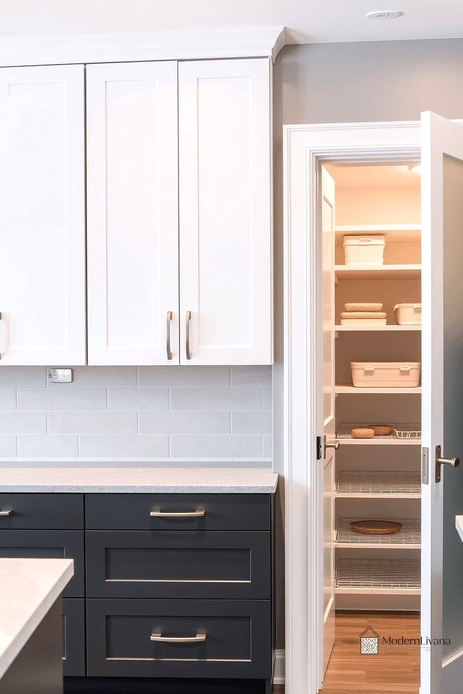 23 Gray and White Kitchen Ideas You'll Want to Save Right Now 18 Gray Pantry Door with Glass Panels