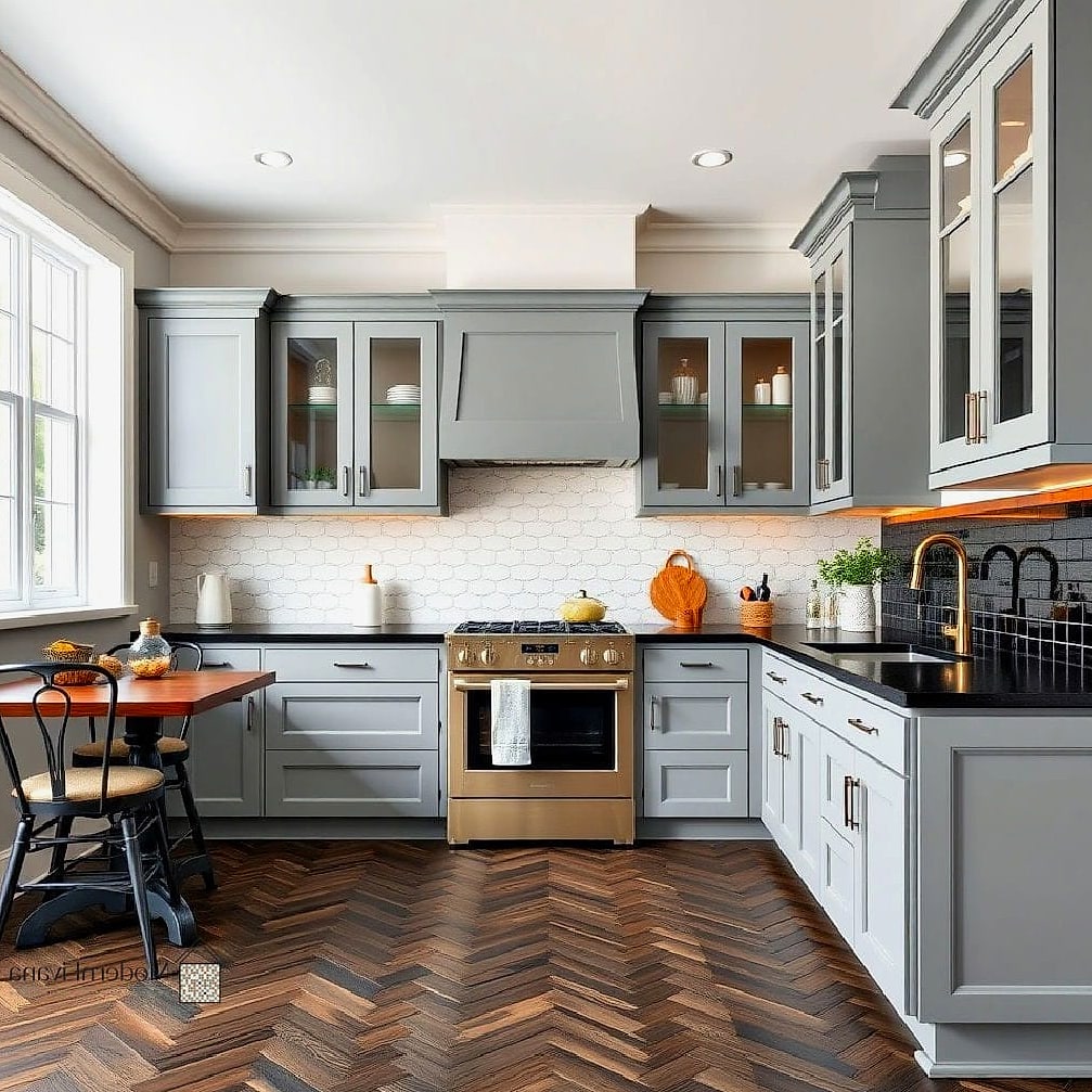 Gray Shaker Cabinets with a Herringbone Backsplash