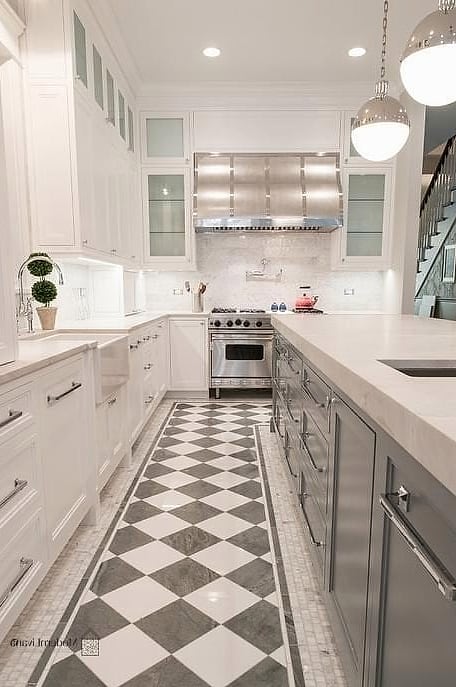 Gray and White Checkerboard Floor with Dark Cabinets
