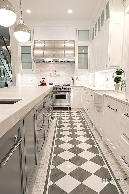 23 Gray and White Kitchen Ideas You'll Want to Save Right Now 13 Gray and White Checkerboard Floor