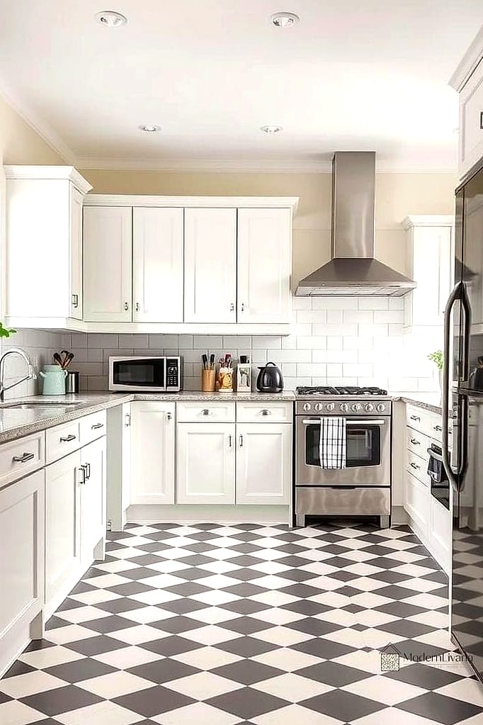Gray and White Checkerboard Floor