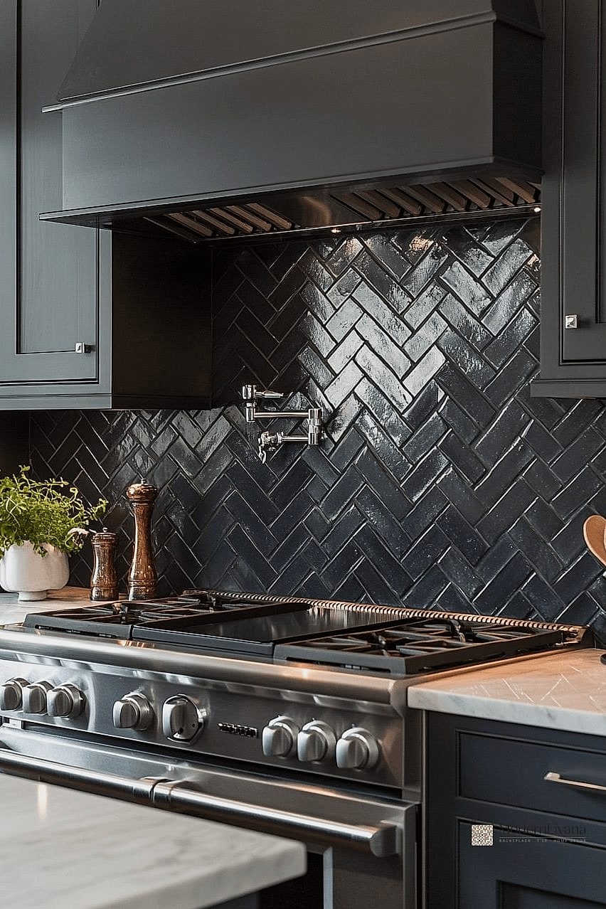 Herringbone Backsplash with Dark Gray Cabinets