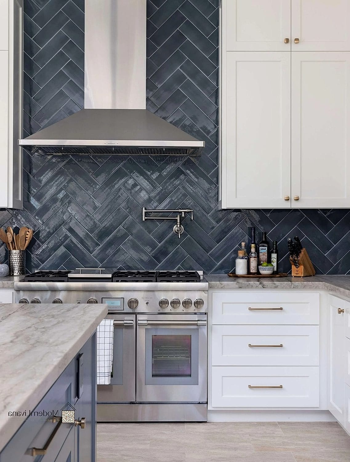 Herringbone Blue Tile Backsplash