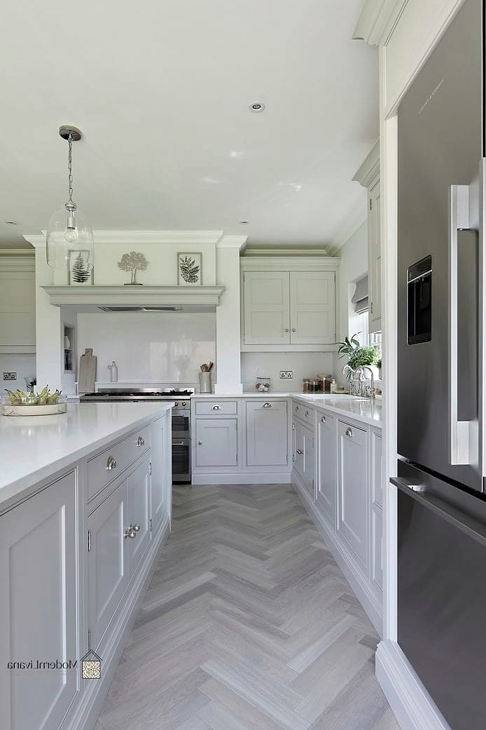 23 Modern Gray Kitchen Ideas That Are Stylish and Practical 6 Herringbone Gray Tile Backsplash