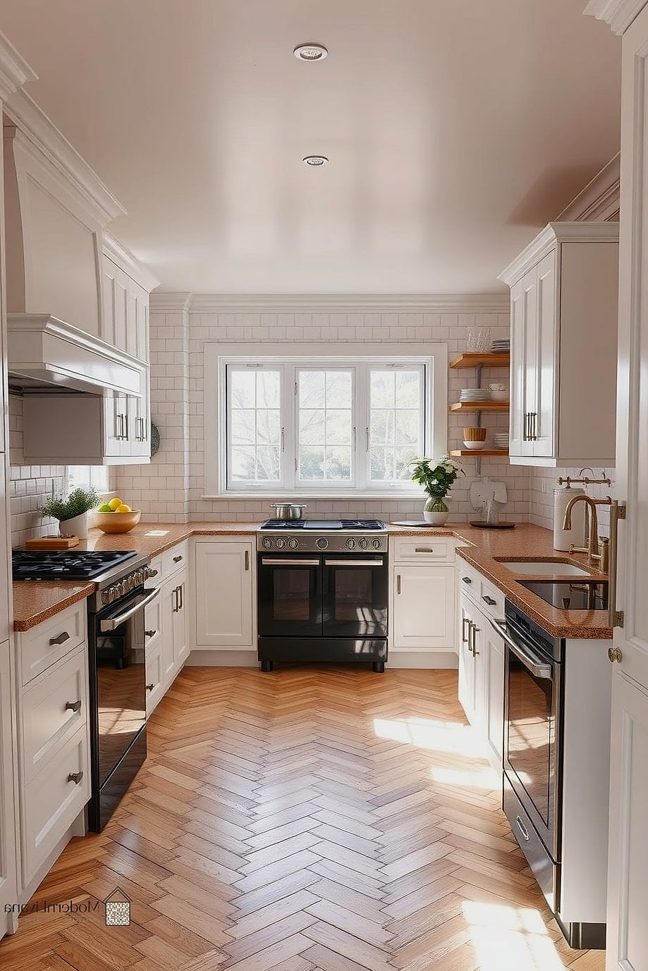 A Herringbone or Patterned Floor Under the Dining Zone
